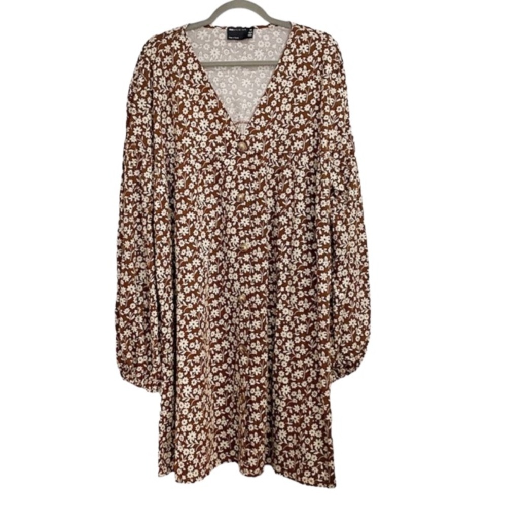 ASOS Design Brown White Size 12 Long Sleeve Floral Print Knee Length Boho Dress